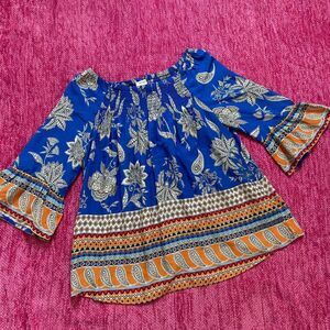 Beachlunchlounge Bell Sleeve Pullover Top Blue Orange Size Medium